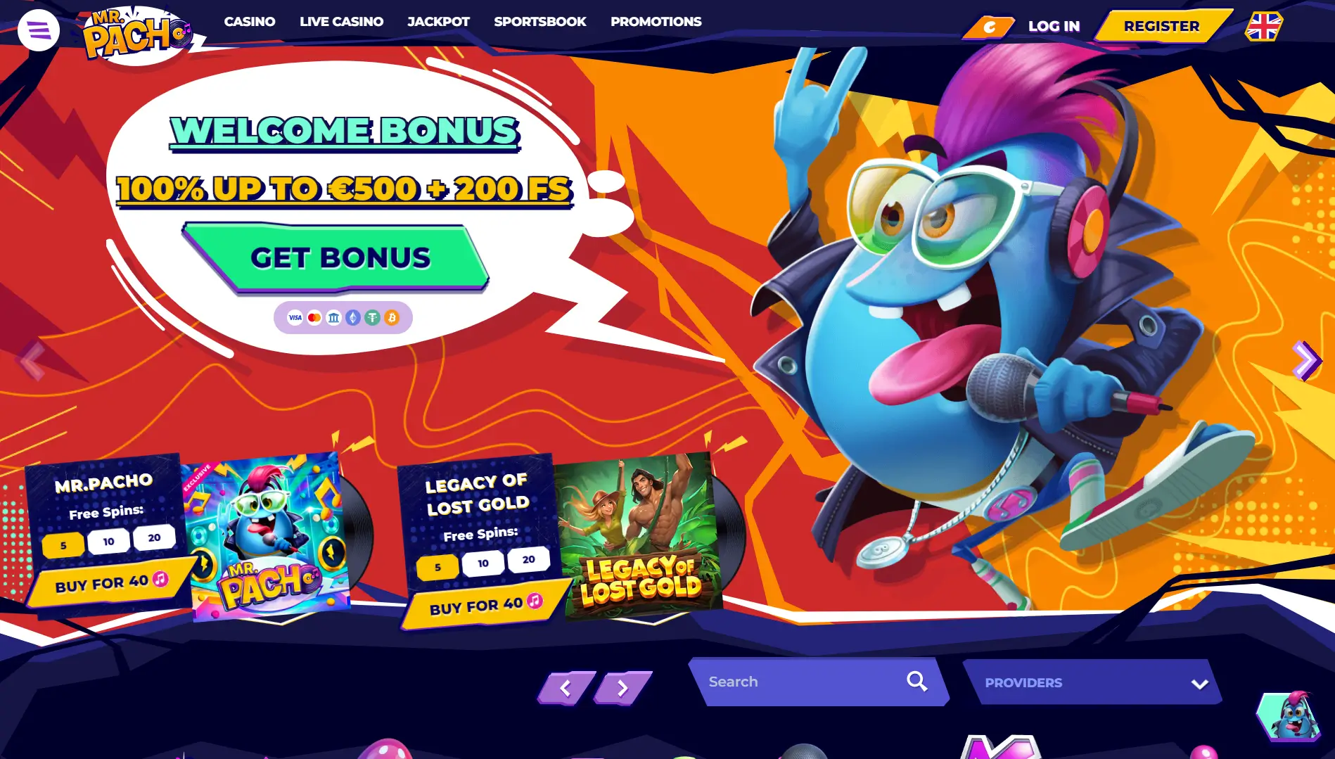 Banner de bono de bienvenida MrPacho Casino con 100% de bono hasta 500 € y 200 giros gratis